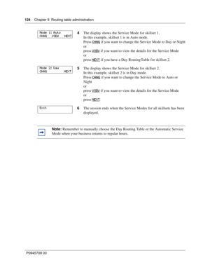 Page 124124    Chapter 9  Routing table administration
P0945709 03
4The display shows the Service Mode for skillset 1.
In this example, skillset 1 is in Auto mode.
Press CHNG
 if you want to change the Service Mode to Day or Night
or
press VIEW
 if you want to view the details for the Service Mode
or
press NEXT
 if you have a Day Routing Table for skillset 2.
5The display shows the Service Mode for skillset 2.
In this example, skillset 2 is in Day mode.
Press CHNG
 if you want to change the Service Mode to Auto...