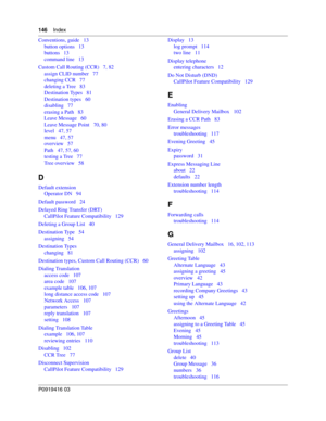 Page 146146    Index
P0919416 03
Conventions, guide   13
button options   13
buttons   13
command line   13
Custom Call Routing (CCR)   7, 82
assign CLID number   77
changing CCR   77
deleting a Tree   83
Destination Types   81
Destination types   60
disabling   77
erasing a Path   83
Leave Message   60
Leave Message Point   70, 80
level   47, 57
menu   47, 57
overview   57
Path   47, 57, 60
testing a Tree   77
Tree overview   58
D
Default extension
Operator DN   94
Default password   24
Delayed Ring Transfer...