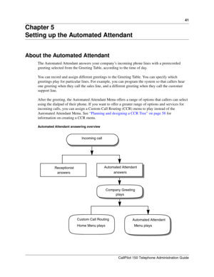 Page 4141
CallPilot 150 Telephone Administration Guide
Chapter 5
Setting up the Automated Attendant
About the Automated Attendant
The Automated Attendant answers your company’s incoming phone lines with a prerecorded 
greeting selected from the Greeting Table, according to the time of day.
You can record and assign different greetings to the Greeting Table. You can specify which 
greetings play for particular lines. For example, you can program the system so that callers hear 
one greeting when they call the...