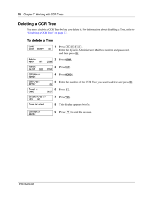 Page 7878    Chapter 7  Working with CCR Trees
P0919416 03
Deleting a CCR Tree
You must disable a CCR Tree before you delete it. For information about disabling a Tree, refer to 
“Disabling a CCR Tree” on page 77.
To  d e l e t e  a  Tr e e
1Press ≤·°‹.
Enter the System Administrator Mailbox number and password,
and then press OK
.
2Press OTHR
.
3Press CCR
.
4Press ADMIN
.
5Enter the number of the CCR Tree you want to delete and press OK
.
6Press °.
7Press YES
.
8This display appears briefly.
9Press ® to end...