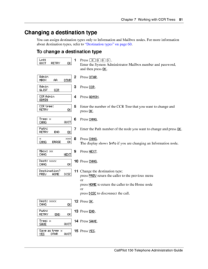 Page 81Chapter 7  Working with CCR Trees    81
CallPilot 150 Telephone Administration Guide
Changing a destination type
You can assign destination types only to Information and Mailbox nodes. For more information 
about destination types, refer to “Destination types” on page 60.
To change a destination type
1Press ≤·°‹.
Enter the System Administrator Mailbox number and password,
and then press OK
.
2Press OTHR
.
3Press CCR
.
4Press ADMIN
.
5Enter the number of the CCR Tree that you want to change and
press OK...