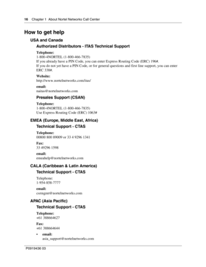 Page 1616    Chapter 1  About Nortel Networks Call Center
P0919436 03
How to get help
USA and Canada
Authorized Distributors - ITAS Technical Support
Telephone:
1-800-4NORTEL (1-800-466-7835)
If you already have a PIN Code, you can enter Express Routing Code (ERC) 196#.
If you do not yet have a PIN Code, or for general questions and first line support, you can enter 
ERC 338#.
Website:
http://www.nortelnetworks.com/itas/
email:
naitas@nortelnetworks.com
Presales Support (CSAN)
Telephone:
1-800-4NORTEL...