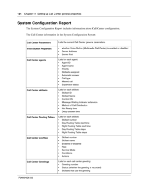 Page 154154    Chapter 11  Setting up Call Center general properties
P0919436 03
System Configuration Report
The System Configuration Report includes information about Call Center configuration.
The Call Center information in the System Configuration Report:
Call Center ParametersLists the current Call Center general parameters.
Voice Button Propertieswhether Voice Button (Multimedia Call Center) is enabled or disabled
Server Address
Server Port
Call Center agentsLists for each agent:
Agent ID
Agent name...