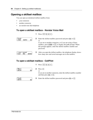 Page 5858    Chapter 6  Setting up skillset mailboxes
P0919436 03
Opening a skillset mailbox
You can open an initialized skillset mailbox from:
 your extension
 another extension
 an outside tone dial telephone
To open a skillset mailbox - Norstar Voice Mail
To open a skillset mailbox - CallPilot
1Press .
2Enter the skillset mailbox password and press OK
 or 
or
if you are at another extension, or if you are using a Guest 
mailbox, press OTHR
 or  to display the Log: prompt. When 
this prompt appears,...