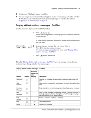 Page 71Chapter 6  Setting up skillset mailboxes    71
Nortel Networks Call Center Set Up and Operation Guide
3Applies only if the Reply feature is enabled.
4You can reply to an outside caller by dialing them back if your company subscribes to Caller 
ID (CLID) service. For further information about replying to an outside caller refer to 
“Replying to an external caller” on page 75.
To play skillset mailbox messages - CallPilot
Use this procedure if you use the CallPilot interface.
The table “Playing skillset...