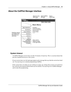 Page 19Chapter 2  Using CallPilot Manager    19
CallPilot Manager Set Up and Operation Guide
About the CallPilot Manager interface
System timeout
A CallPilot Manager session times out after 10 minutes of inactivity. This is a security feature that 
prevents unauthorized access to the system.
If your session times out, the login page appears and a message that says that the session has timed 
out. You must log on to continue programming CallPilot.
If the system times out while you are working on a page, any...