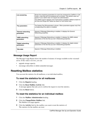 Page 95Chapter 9  CallPilot reports    95
CallPilot Manager Set Up and Operation Guide
Message Usage Report
The Message Usage Report shows the number of minutes of storage available on the voicemail 
server. If this value is too low, you can:
 upgrade storage capacity
 encourage subscribers to delete unneeded messages
Resetting Mailbox statistics
You can reset the statistics for all mailboxes, or an individual mailbox.
To reset the statistics for all mailboxes
1Click the Reports heading.
2Click the Reset...