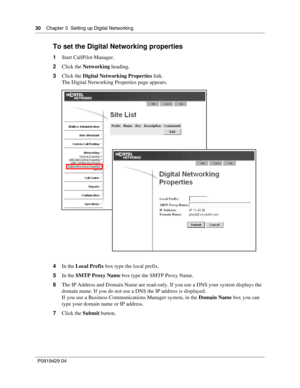 Page 3030    Chap ter 3  Setting up Digital Networking
P09 194 29  04
To set the Digital Networking properties
1 Start CallPilot Manager.
2 Click the  Networking  heading.
3 Click the  Digital Networking Properties  link.
The Digital Networking Properties page appears.
4 In the  Local Prefix  box type the local prefix.
5 In the  SMTP Proxy Name  box type the SMTP Proxy Name.
6 The IP Address and Domain Name are read-only. If you use a DNS your system displays the 
domain name. If you do not use a DNS the IP...