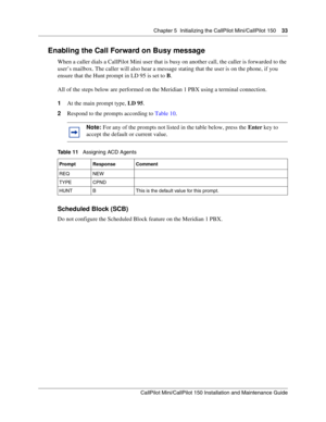 Page 33Chapter 5  Initializing the CallPilot Mini/CallPilot 150    33
CallPilot Mini/CallPilot 150 Installation and Maintenance Guide
 
Enabling the Call Forward on Busy message
When a caller dials a CallPilot Mini user that is busy on another call, the caller is forwarded to the 
user’s mailbox. The caller will also hear a message stating that the user is on the phone, if you 
ensure that the Hunt prompt in LD 95 is set to B.
All of the steps below are performed on the Meridian 1 PBX using a terminal...