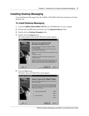 Page 17Chapter 3  Installing and configuring Desktop Messaging    17
CallPilot Desktop Messaging Installation and Maintenance Guide
Installing Desktop Messaging
You install Desktop Messaging from the CallPilot 150/CallPilot Mini Documentation and Client 
Software CD.
To install Desktop Messaging
1Load the CallPilot Mini/CallPilot 150 CD in the CD-ROM drive of your computer.
2Double-click the CD folder and double-click the Optional Software folder.
3Double-click the Desktop Messaging folder.
4Double-click the...