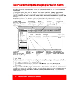 Page 14 
12      CallPilot Desktop Messaging for Lotus Notes  
 
CallPilot Desktop Messaging for Lotus Notes 
W hen you open Lotus Notes and log on to CallPilot Desktop Messaging, you are i n the Workspace at 
Office window. 
To open your CallPilot Inbox, click the Mail icon, click Folders and Views, and then click CallPilot 
Desktop Messaging. Your Inbox contains your received, sent, draft, and deleted CallPilot messages. 
From the Inbox, you can open, move, copy, delete, forward, and reply to messages, and...