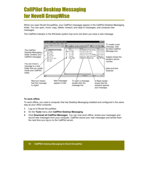 Page 20 
18      CallPilot Desktop Messaging for Novell GroupWise   
 
CallPilot Desktop Messaging 
for Novell GroupWise 
 W hen you open Novell GroupW ise, your CallPilot messages appear in the CallPilot Desktop Messaging 
folder. You can open, move, copy, delete, forward, and reply to messages, and compose new 
messages. 
The CallPilot indicator in the W indows system tray turns red when you have a new message. 
 
 
 
 
 
 
 
 
To work offline 
To work offline, you need a computer that has Desktop Messaging...