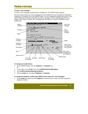 Page 21 
CallPilot Desktop Messaging for Novell GroupWise      19 
 
 
 
Playing a message 
To play  a voice message 
To open a voice message, double-click the message line. The CallPilot Player appears. 
You can choose to play your voice messages from your telephone or your computer by clicking the 
Telephone or Computer icon in the CallPilot Player. You can change this selection at any time. If you 
select Telephone, the phone rings when you open a message, and the message plays when you 
answer. If you...