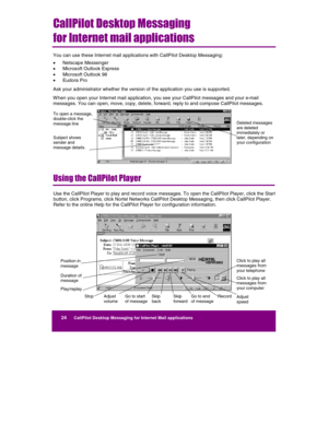 Page 26 
      24      CallPilot Desktop Messaging for Internet Mail applications 
 
 
CallPilot Desktop Messaging 
for Internet mail applications 
You can use these Internet mail applications with CallPilot Desktop Messaging: 
• Netscape Messenger 
• Microsoft Outlook Express 
• Microsoft Outlook 98 
• Eudora Pro 
Ask your administrator whether the version of the application you use is supported. 
W hen you open your Internet mail application, you see your CallPilot messages and your e-mail 
messages. You can...