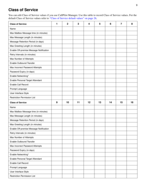 Page 9  9
Class of Service
You can edit Class of Service values if you use CallPilot Manager. Use this table to record Class of Service values. For the 
default Class of Service values refer to “Class of Service default values” on page 26.
Class of Service12345678
Name
Max Mailbox Message time (in minutes)
Max Message Length (in minutes)
Message Retention Period (in days)
Max Greeting Length (in minutes)
Enable Off-premise Message Notification
Retry Intervals (in minutes)
Max Number of Attempts
Enable Outbound...