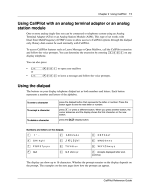 Page 11Chapter 2  Using CallPilot    11
CallPilot Reference Guide
Using CallPilot with an analog terminal adapter or an analog 
station module
One or more analog single-line sets can be connected to telephone system using an Analog 
Terminal Adapter (ATA) or an Analog Station Module (ASM). This type of set works with 
Dual-Tone MultiFrequency (DTMF) tones to allow access to CallPilot options through the dialpad 
only. Rotary dials cannot be used internally with CallPilot.
To access CallPilot features such as...