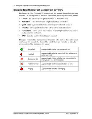 Page 1212  Enterprise Edge Personal Call Manager task tray icon
Enterprise Edge 2.0 Personal Call Manager User Guide   P0911958 Issue 01
Enterprise Edge Personal Call Manager task tray menu
The Enterprise Edge Personal Call Manager task tray menu is divided into two main 
sections. The lower portion of the menu contains the following call control options:
•Callers List - a list of the telephone numbers of the last ten calls
•Redial List - a list of the last ten telephone numbers you dialed
•Quick Dials - a...