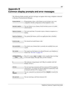 Page 137137
Telephone Features Programming Guide
Appendix B
Common display prompts and error messages
The following display prompts and error messages can appear when using a telephone connected 
to Business Communications Manager. 
Programming is busy, or the feature you are trying to use is not 
compatible with the configuration of the telephone or line.
You are trying to use a feature, but do not have access to it under 
administration. 
You took more than 15 seconds to press a button in response to a...