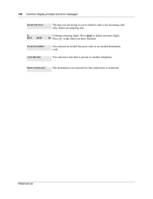 Page 140140Common display prompts and error messages
P0937240 02
The line you are trying to use to redirect calls is for incoming calls 
only. Select an outgoing line. 
Continue entering digits. Press 
$ to delete incorrect digits. 
Press £ or 
 when you have finished.
You entered an invalid line pool code or an invalid destination 
code.
You selected a line that is private to another telephone. 
The destination you selected for line redirection is restricted.
# 5$+
011 	 
8$ *-%
...