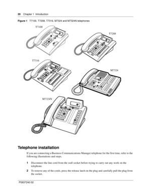 Page 2020Chapter 1 Introduction
P0937240 02 Figure 1   T7100, T7208, T7316, M7324 and M7324N telephones
Telephone installation
If you are connecting a Business Communications Manager telephone for the first time, refer to the 
following illustrations and steps.
1Disconnect the line cord from the wall socket before trying to carry out any work on the 
telephone.
2To remove any of the cords, press the release latch on the plug and carefully pull the plug from 
the socket.
3
1
2
45
6
7
3
1
2
4
56
7
1
2
4
56
71
2...