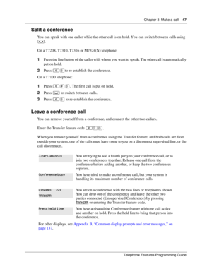 Page 47Chapter 3 Make a call47
Telephone Features Programming Guide
Split a conference
You can speak with one caller while the other call is on hold. You can switch between calls using 
≥.
On a T7208, T7310, T7316 or M7324(N) telephone:
1Press the line button of the caller with whom you want to speak. The other call is automatically 
put on hold. 
2Press ≤‹to re-establish the conference.
On a T7100 telephone:
1Press ≤£‹. The first call is put on hold. 
2Press ≥ to switch between calls.
3Press ≤‹ to re-establish...