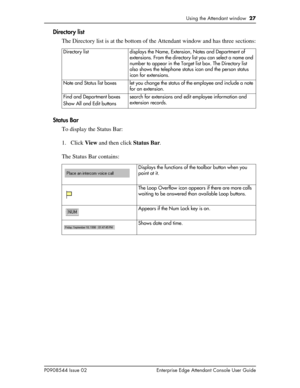 Page 27Using the Attendant window  27
P0908544 Issue 02 Enterprise Edge Attendant Console User Guide
Directory list
The Directory list is at the bottom of the Attendant window and has three sections:
Status Bar
To display the Status Bar:
1. Click View and then click Status Bar.
The Status Bar contains:
Directory list displays the Name, Extension, Notes and Department of 
extensions. From the directory list you can select a name and 
number to appear in the Target list box. The Directory list 
also shows the...