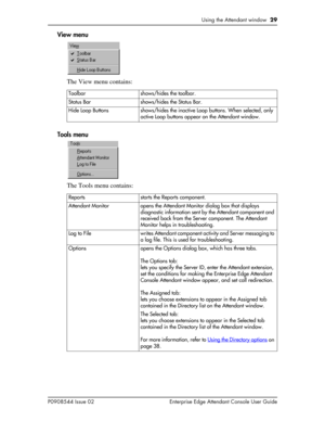 Page 29Using the Attendant window  29
P0908544 Issue 02 Enterprise Edge Attendant Console User Guide
View menu
The View menu contains:
Tools menu
The Tools menu contains:
Toolbar shows/hides the toolbar.
Status Bar shows/hides the Status Bar.
Hide Loop Buttons shows/hides the inactive Loop buttons. When selected, only 
active Loop buttons appear on the Attendant window.
Reports starts the Reports component.
Attendant Monitor opens the Attendant Monitor dialog box that displays 
diagnostic information sent by...