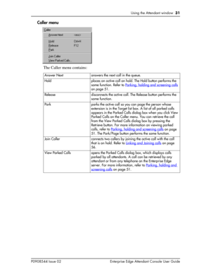 Page 31Using the Attendant window  31
P0908544 Issue 02 Enterprise Edge Attendant Console User Guide
Caller menu
The Caller menu contains:
Answer Next answers the next call in the queue.
Hold places an active call on hold. The Hold button performs the 
same function. Refer to Parking, holding and screening calls
 
on page 51.
Release disconnects the active call. The Release button performs the 
same function.
Park parks the active call so you can page the person whose 
extension is in the Target list box. A...