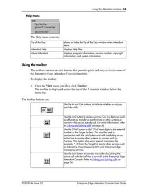 Page 33Using the Attendant window  33
P0908544 Issue 02 Enterprise Edge Attendant Console User Guide
Help menu
The Help menu contains:
Using the toolbar
The toolbar contains several buttons that provide quick and easy access to some of 
the Enterprise Edge Attendant Console functions.
To display the toolbar:
1. Click the View menu and then click To o l b a r.
The toolbar is displayed across the top of the Attendant window below the 
menu bar.
The toolbar buttons are:
Tip of the Day shows or hides the Tip of the...