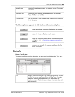 Page 41Using the Attendant window  41
P0908544 Issue 02 Enterprise Edge Attendant Console User Guide
The following buttons appear in the Edit Employee Information dialog box:
Directory list
Directory list tab views
There are four Directory list views that are accessed by clicking tabs. They are:.
Voice Mail box  displays the voice message mailbox extension of the employee. 
Voice Mail Box is not editable.
Contacts boxes lists the employee’s three most frequently called persons/extensions 
in the Company.
saves...