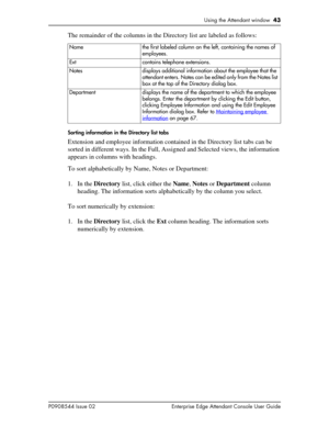 Page 43Using the Attendant window  43
P0908544 Issue 02 Enterprise Edge Attendant Console User Guide
The remainder of the columns in the Directory list are labeled as follows:
Sorting information in the Directory list tabs
Extension and employee information contained in the Directory list tabs can be 
sorted in different ways. In the Full, Assigned and Selected views, the information 
appears in columns with headings.
To sort alphabetically by Name, Notes or Department:
1. In the Directory list, click either...