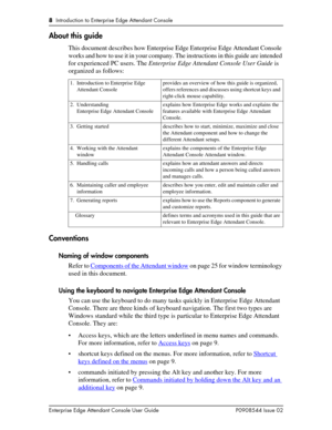 Page 88  Introduction to Enterprise Edge Attendant Console
Enterprise Edge Attendant Console User Guide P0908544 Issue 02
About this guide
This document describes how Enterprise Edge Enterprise Edge Attendant Console 
works and how to use it in your company. The instructions in this guide are intended 
for experienced PC users. The Enterprise Edge Attendant Console User Guide is 
organized as follows:
Conventions
Naming of window components
Refer to Components of the Attendant window
 on page 25 for window...