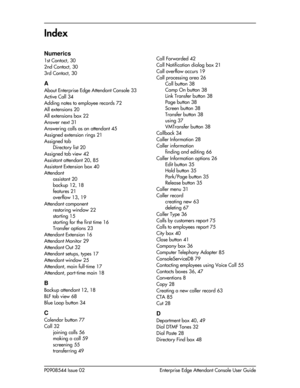 Page 89P0908544 Issue 02 Enterprise Edge Attendant Console User Guide
Index
Numerics
1st Contact, 30
2nd Contact,
 30
3rd Contact,
 30
A
About Enterprise Edge Attendant Console 33
Active Call
 34
Adding notes to employee records
 72
All extensions
 20
All extensions box
 22
Answer next
 31
Answering calls as an attendant
 45
Assigned extension rings
 21
Assigned tab
Directory list
 20
Assigned tab view
 42
Assistant attendant
 20, 85
Assistant Extension box
 40
Attendant
assistant
 20
backup
 12, 18
features...