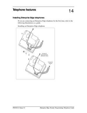 Page 107P0908510 Issue 01 Enterprise Edge Feature Programming Telephone Guide
Telephone features
Installing Enterprise Edge telephones
If you are connecting an Enterprise Edge telephone for the first time, refer to the 
following illustrations as a guide.
Installing an Enterprise Edge telephone
14
Connect to 
jack wired from
distribution block
Connect to 
receiver 