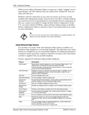 Page 142142  Companion Features
Enterprise Edge Feature Programming Telephone Guide P0908510 Issue 01
While moving within an Enterprise Edge coverage area, a slight “clipping” may be 
heard during a call. This indicates that your call has been “handed off” from one 
radio cell to the next.
Problems with lost connections are rare, but if you notice an increase of such 
incidents after making large changes in the layout of your office, your Base Stations 
may need to be moved or reprogrammed to accommodate the new...