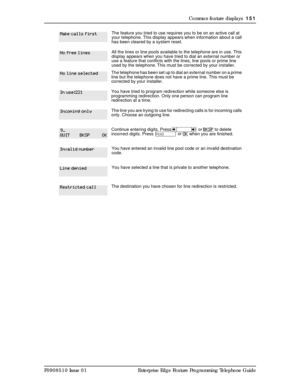 Page 151Common feature displays  151
P0908510 Issue 01 Enterprise Edge Feature Programming Telephone Guide
The feature you tried to use requires you to be on an active call at 
your telephone. This display appears when information about a call 
has been cleared by a system reset.
All the lines or line pools available to the telephone are in use. This 
display appears when you have tried to dial an external number or 
use a feature that conflicts with the lines, line pools or prime line 
used by the telephone....