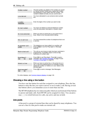 Page 4646  Making calls
Enterprise Edge Feature Programming Telephone Guide P0908510 Issue 01
Choosing a line using a line button
You have one line button for each line assigned to your telephone. Press the line 
button to select the line you want to answer or use to make a call. Having several 
line buttons allows you immediate access to more than one line. 
The M7100 telephone has two intercom paths which are used instead of line buttons 
to answer and make calls. Each M7100 can be assigned two lines. You can...