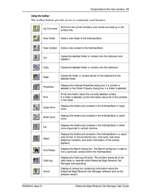 Page 15Components of the main window  15
P0908542 Issue 01 Enterprise Edge Personal Call Manager User GuideUsing the toolbar
The toolbar buttons provide access to commonly used features. 
Up One LevelExits from the current directory and moves one level up in the 
contact tree.
New Folder Adds a new folder to the Address Book.
New Contact Adds a new contact to the Address Book.
CutCopies the selected folder or contact onto the clipboard and 
deletes it. 
Copy Copies the selected folder or contact onto the...