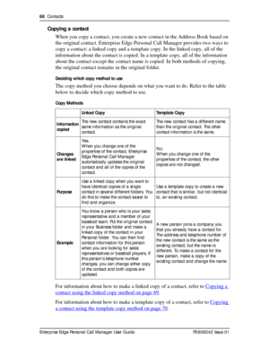 Page 6868  Contacts
Enterprise Edge Personal Call Manager User Guide   P0908542 Issue 01
Copying a contact
When you copy a contact, you create a new contact in the Address Book based on 
the original contact. Enterprise Edge Personal Call Manager provides two ways to 
copy a contact: a linked copy and a template copy. In the linked copy, all of the 
information about the contact is copied. In a template copy, all of the information 
about the contact except the contact name is copied. In both methods of...