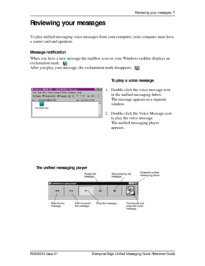 Page 7Reviewing your messages  7
P0908533 Issue 01 Enterprise Edge Unified Messaging Quick Reference Guide
Reviewing your messages
To play unified messaging voice messages from your computer, your computer must have 
a sound card and speakers.
Message notification
When you have a new message the mailbox icon on your Windows taskbar displays an 
exclamation mark. 
After you play your message, the exclamation mark disappears.
 
The unified messaging playerTo play a voice message
1. Double-click the voice message...