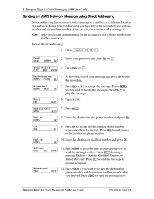 Page 66  Enterprise Edge 2.0 Voice Messaging AMIS User Guide
Enterprise Edge 2.0 Voice Messaging AMIS User Guide P0911951 Issue 01
Sending an AMIS Network Message using Direct Addressing
Direct Addressing lets you send a voice message to a mailbox at a different location 
on a network. To use Direct Addressing you must know the destination site’s phone 
number and the mailbox number of the person you want to send a message to.
Note:Ask your System Administrator for the destination site’s phone number and...