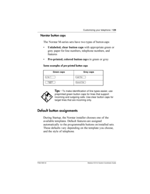 Page 129Customizing your telephone /129
P0941565 02 Modular ICS 5.0 System Coordinator Guide
Norstar button caps
 	 :  	    	+
,

 
 
 
 		  
 	  
  
  	

	
,
 
 
    
Some examples of pre-printed button caps
Default button assignments
% 1	  	 	

    
		
	
 
	 %	
 	 	 	

	...