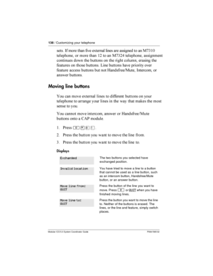 Page 138138/ Customizing your telephone
Modular ICS 5.0 System Coordinator Guide P0941565 02
 -  	  !	
 
 	 	
  	:23$;

   	 $=  	 :23=9 
 	
  
       
  	 
	   A  	  
	 	    7	
C: - 
	 
Moving line buttons
 	   !	
 
    
    

  		...