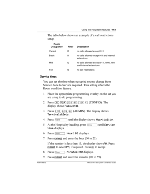 Page 163Using the Hospitality features /163
P0941565 02 Modular ICS 5.0 System Coordinator Guide
 	
 
  	 !	
  	 	

 

Service times
 	     
  	 
1 
  1
  	 
/ 
  	
$ *
	  		 	 
	    
	   
	
= *
²¥¥ÛßßÜÝÝ46 )-85 


	 Password:
3 *
ÛÜßÝß4(%:-5  

	 
Terminals&Sets
9...