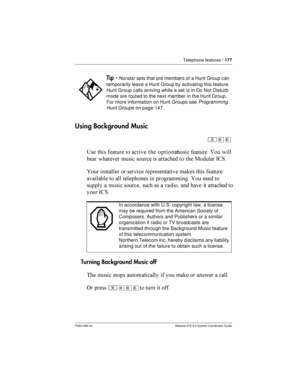 Page 177Telephone features /177
P0941565 02 Modular ICS 5.0 System Coordinator Guide
Using Background Music
²¡ß
?  	  	  	
 	  

	 	    		
   :

	-61
 	

   	 	  	
		
	
  	

 
  	  
 

 	    	 		
 	
	  		
 
 -61
Turning Background Music off
   			

   	  	 	 	


 ...