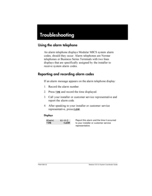 Page 223P0941565 02 Modular ICS 5.0 System Coordinator Guide
Troubleshooting
Using the alarm telephone
( 	
	 
 

	 :

	 :-61  	
	

 
   (
	 
 	 	

  . 1 	
   



	 	 	 	

 	
   	

 
  	
	 

Reporting and recording alarm codes
- 	 	
	 			   	
	 
 

	+
$ /
  	 
	  
= *
TIME	
 
   
...