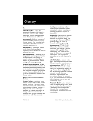 Page 231P0941565 02 Modular ICS 5.0 System Coordinator Guide
Glossary
A
AbsorbLength:   	


 	 
  	   


    
 
	 
 	  

  
    
access code  
	

   
 
  	

 
    
 
!

  #
 	
  
 $ 
alarm code: 
 	
 


 	 


 	% 


  	
 ...