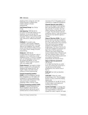 Page 234234/ Glossary
Modular ICS 5.0 System Coordinator Guide P0941565 02
	  
! 	
  

(!   
 

   



 
Call Pickup Group: (!
>
Call Queuing:
²¡âÚ
$  	
 
 
 
 
 
	  
 ! 	  

? 
  
 	
  
  (    


   

! 
 




Callback:$  
! 


 
 
 
  
	 	...