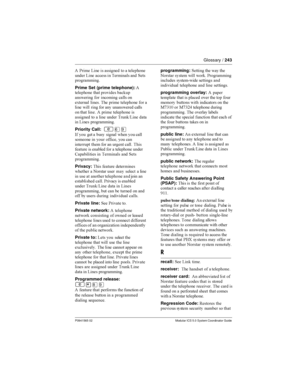 Page 243Glossary /243
P0941565 02 Modular ICS 5.0 System Coordinator Guide
 (
   
  
 	
  
  &

 
 




Prime Set (prime telephone):
	 	
  
!

  
 
 

  &	 
 	  

      
 
 

 	
     
 	 

  
   &!C 


   



Priority Call:
²ßá
$   
  
	   


  ...