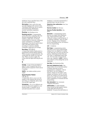 Page 245Glossary /245
P0941565 02 Modular ICS 5.0 System Coordinator Guide
	  
  
  	

 
    

Rls button:1 
 
  	 



 	
 	
  	 
&	 0 
  
 
    
 

 
  7


 
 
 

Routing: 0 
Routing service: 



 	
 
  
  
 


  
  	

 
 
 
  

 
  ! ...